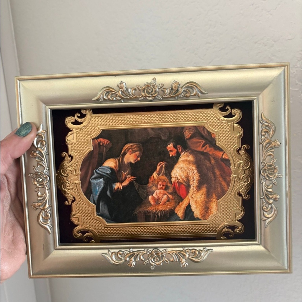 Gold Ornate moody 5 x 7 religious Christmas holy family Picture in frame